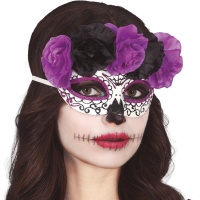 Antifaz de Catrina con flores negras y lilas