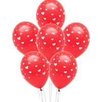 Globos de látex rojos con corazones blancos de 30 cm - 6 unidades