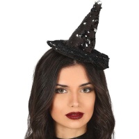 Diadema mini sombrero de bruja negro con lentejuelas