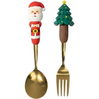Set de tenedor y cuchara de Navidad con Papá Noel y árbol