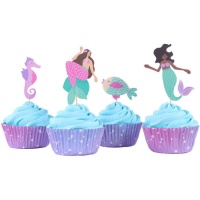 Cápsulas para cupcakes con picks de sirenas y animales marinos - 24 unidades