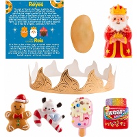Kit para roscón de reyes: corona, haba, rey, tarjeta y 4 figuras