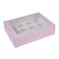 Caja para 12 cupcakes a rayas rosa y blanca - 34 x 25,5 x 9 cm - House of Marie - 2 unidades