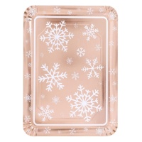Bandeja rectangular rosa dorado metalizado con copos de nieve de 25 x 34 cm - 1 unidad