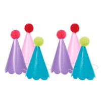Sombreros de fiesta colores surtidos con purpurina y pompón - 6 unidades