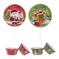 Cápsulas para cupcakes con picks de Merry Christmas - 24 unidades