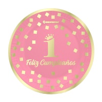 Platos de primer cumpleaños rosa de 18 cm - 6 unidades