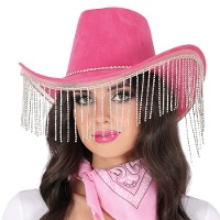 Sombrero de vaquera rosa con flecos de pedrería