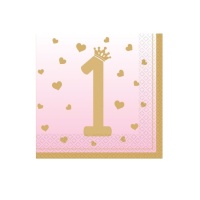 Servilleta primer cumpleaños rosa con corona de 16,5 X 16,5 cm - 16 unidades