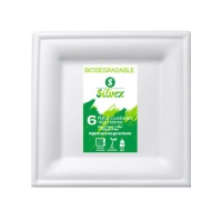 Platos de 16 cm cuadrados de caña de azúcar biodegradable blanco- 6 unidades