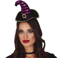 Diadema mini sombrero de bruja rayas lila y negro