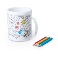 Taza para colorear con 4 lápices de colores y 4 láminas