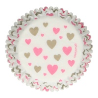 Cápsulas para cupcakes de corazones rosas y dorado - FunCakes - 48 unidades