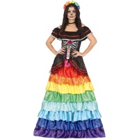 Disfraz de Catrina con volantes multicolor para mujer