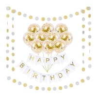 Kit de globos Happy Birthday dorado - Monkey Business - 13 unidades