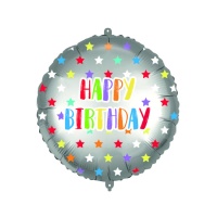 Globo redondo de Happy Birthday con estrellas multicolor de 46 cm - Procos