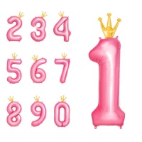 Globo de número rosa con corona dorada de 110 cm - 1 unidad