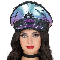 Gorra de policía morado con pedrería y plumas