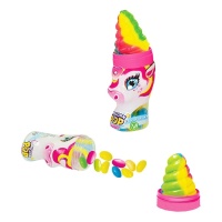 Unicornio dulce con cuerno de caramelo relleno de grajeas de sabor tutti frutti de 50 gr