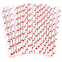 Pajitas de papel blancas con corazones rojos - 20 unidades
