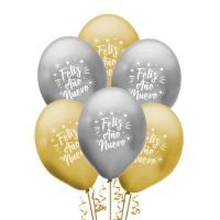 Globos de látex de Feliz Año Nuevo dorados y plateados de 30 cm - Globos Payaso - 25 unidades