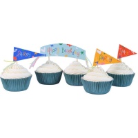 Cápsulas para cupcakes con picks de happy birthday - 24 unidades