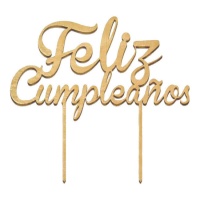 Topper para tarta de Feliz Cumpleaños dorado de madera