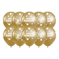 Globos de Happy Birthday dorados con cerveza de 30 cm - 10 unidades