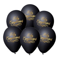 Globos de látex biodegradables negros con frase de Feliz Cumpleaños en dorado de 23 cm - 6 unidades