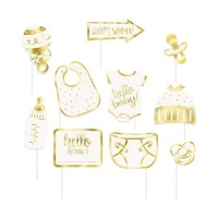 Kit para photocall de Baby Shower blanco y dorado - 10 unidades