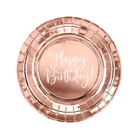 Platos Happy Birthday rosa dorado de 18 cm - 6 unidades