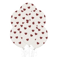 Globos de látex blancos con corazones rojos de 30 cm - PartyDeco - 50 unidades