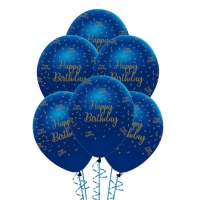 Globos de látex de Navy and Gold con Happy Birthday de 30 cm - Creative Party - 6 unidades