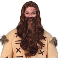 Peluca castaña con barba y trenzas de vikingo