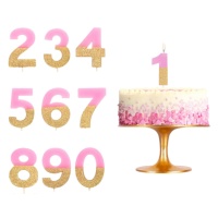 Vela de número rosa pastel con purpurina dorada de 7 cm