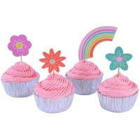 Cápsulas para cupcakes con picks de arcoiris y flores - 24 unidades