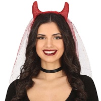 Diadema con cuernos de demonio acolchados y velo