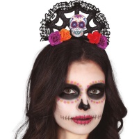 Diadema de Catrina con telaraña y flores