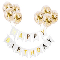 Kit de globos Happy Birthday Gold White - Monkey Business - 9 unidades