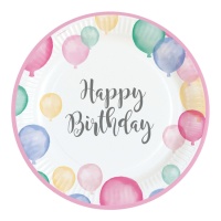 Platos de Happy Birthday rosa con globos de 23 cm - 8 unidades