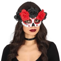 Antifaz de Catrina con flores rojas y negras