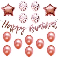 Kit de globos Happy Birthday rosa dorado - Monkey Business - 17 unidades