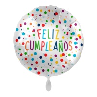 Globo de Feliz cumpleaños multicolor con topos de 43 cm - Premioloon