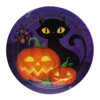 Plato de calabaza y gato de Halloween de 22 cm - 6 unidades