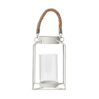 Farol blanco con cuerda portavelas de 14 x 14 x 22 cm