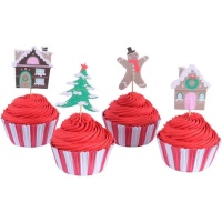 Cápsulas para cupcakes con picks de navidad - 24 unidades