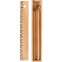 Lápices y regla en caja de madera