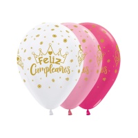 Globo de látex satinado blanco, rosa y fucsia de Feliz Cumpleaños dorado con corona de 30 cm - Sempertex - 12 unidades