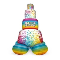 Globo de tarta Happy Birthday arcoiris con base de 72 cm - Folat