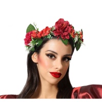 Diadema de flores rojos con hojas